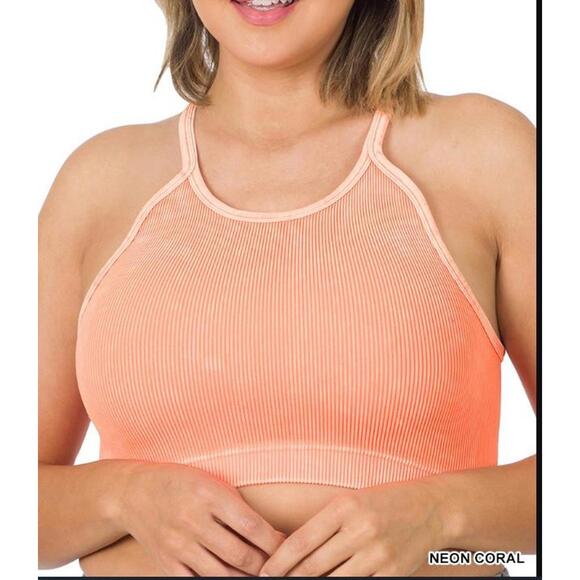 #1574 Zenana NWOT Neon Coral Ribbed Seamless Cami Brami Top Size 1X/2X & 2X/3X - Picture 1 of 1